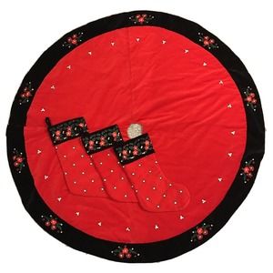 Vintage Embroidered Christmas Set 52” Tree Skirt & 3 Stockings Velvet Floral EUC